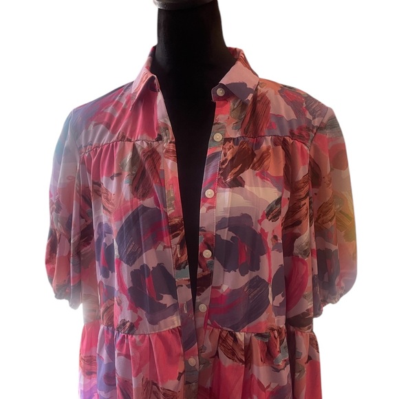 Pink multi colored Floral  Ruffle Hem Smock Dress,baby doll dress,Large,New - Picture 4 of 12